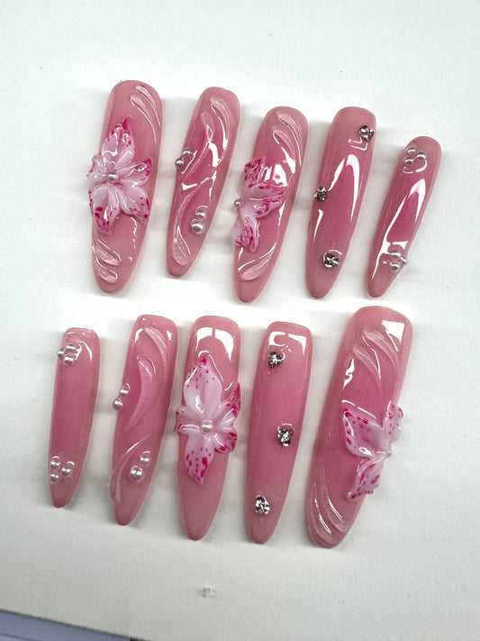 A-pink flower 3D/Extra long almond